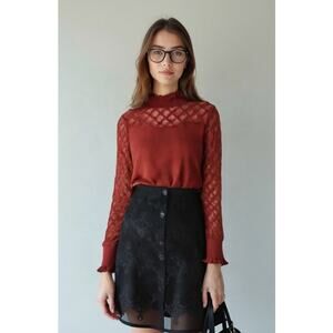 Long Sleeve Lace Blouse Burgundy Size L